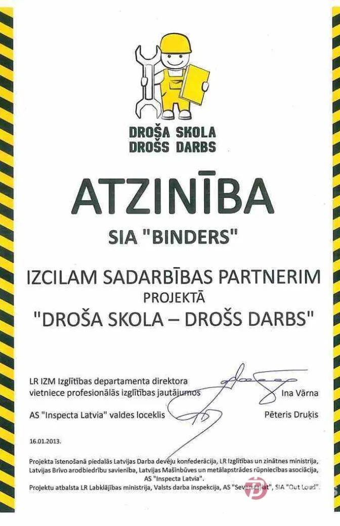 Uzņēmums saņem atzinību par dalību projektā “Droša skola-drošs darbs”